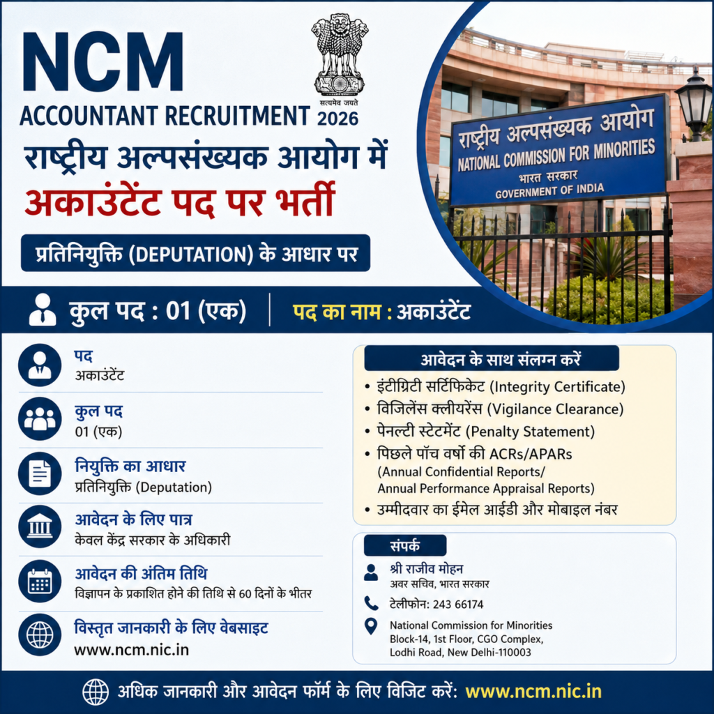 NCM Accountant Recruitment 2026 के तहत राष्ट्रीय अल्पसंख्यक आयोग ने अकाउंटेंट के एक पद पर प्रतिनियुक्ति (Deputation) के आधार पर भर्ती निकाली है। केंद्रीय सरकारी अधिकारी 60 दिनों के भीतर आवेदन कर सकते हैं। जानिए पात्रता, आवेदन प्रक्रिया और अन्य महत्वपूर्ण जानकारी।