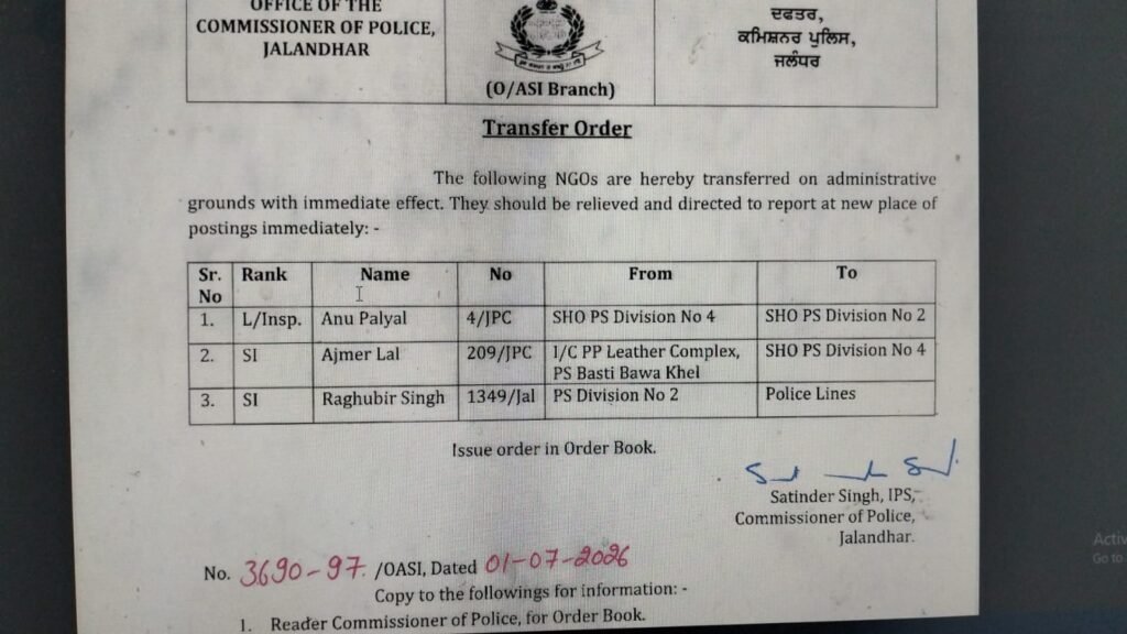 जालंधर पुलिस थाना प्रभारियों के तबादले के तहत CP Satinder Singh ने बड़ा प्रशासनिक फेरबदल किया। कई थाना प्रभारियों और SI के तबादले किए गए। जानिए पूरी ट्रांसफर लिस्ट और किस अधिकारी को कहां भेजा गया।