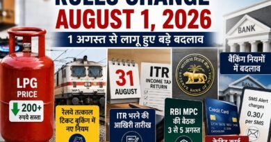 Rules Change August 1, 2026: 1 अगस्त 2026 से LPG सिलेंडर की कीमत, रेलवे तत्काल टिकट बुकिंग, ITR की डेडलाइन, बैंकिंग चार्ज, CKYC 2.0 और क्रेडिट कार्ड से जुड़े कई नए नियम लागू हो गए हैं। जानिए आपके ऊपर इन बदलावों का क्या असर पड़ेगा।