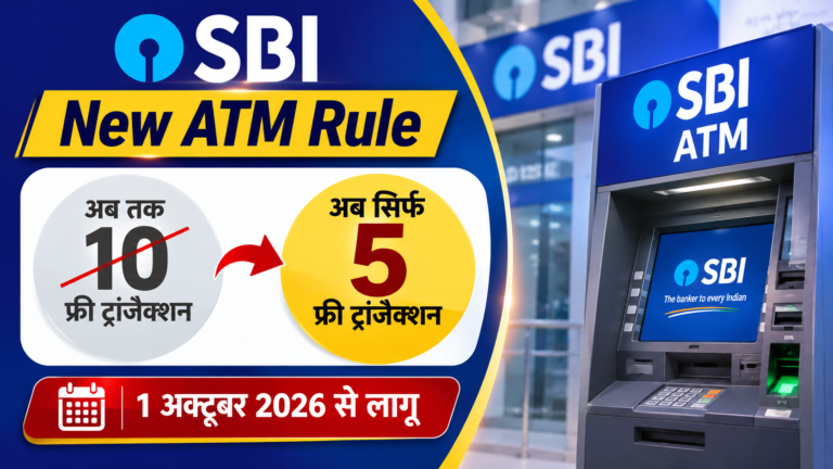 SBI New ATM Rule: SBI के सैलरी पैकेज अकाउंट ग्राहकों के लिए 1 अक्टूबर 2026 से दूसरे बैंक के ATM पर मुफ्त ट्रांजैक्शन की सीमा 10 से घटकर 5 हो जाएगी।